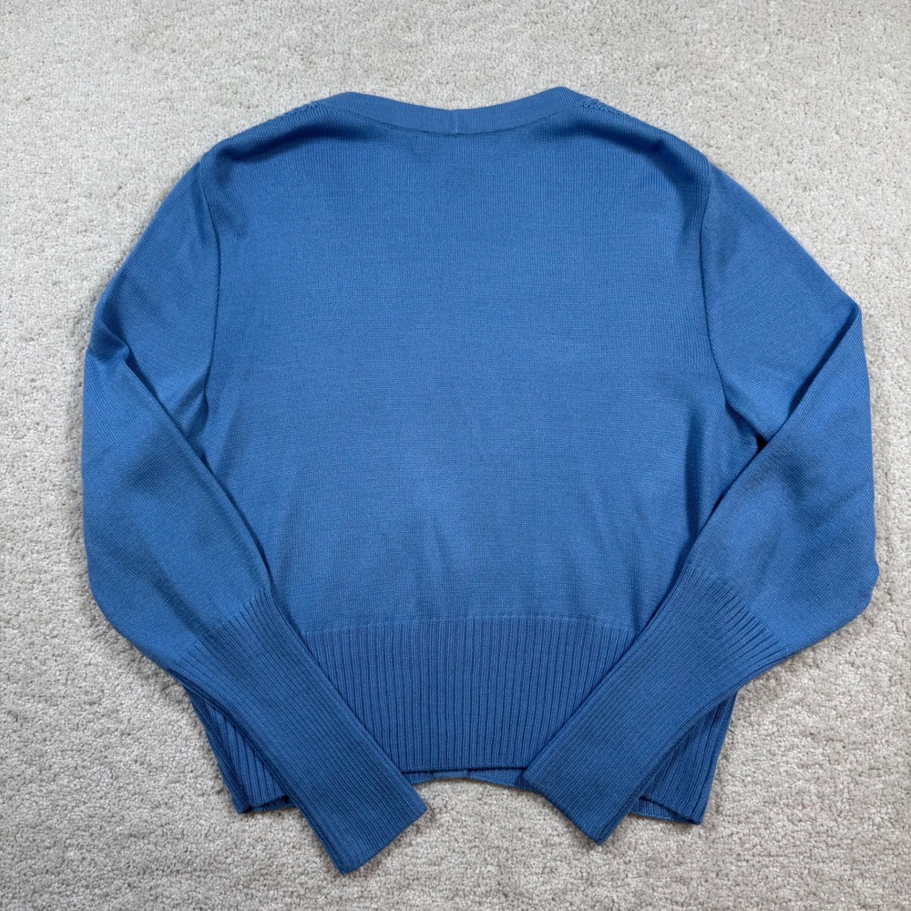 St. John Cardigan Women Large Blue Wool Blend V-Neck Ribbed Button Front Sweater - Picture 3 of 9